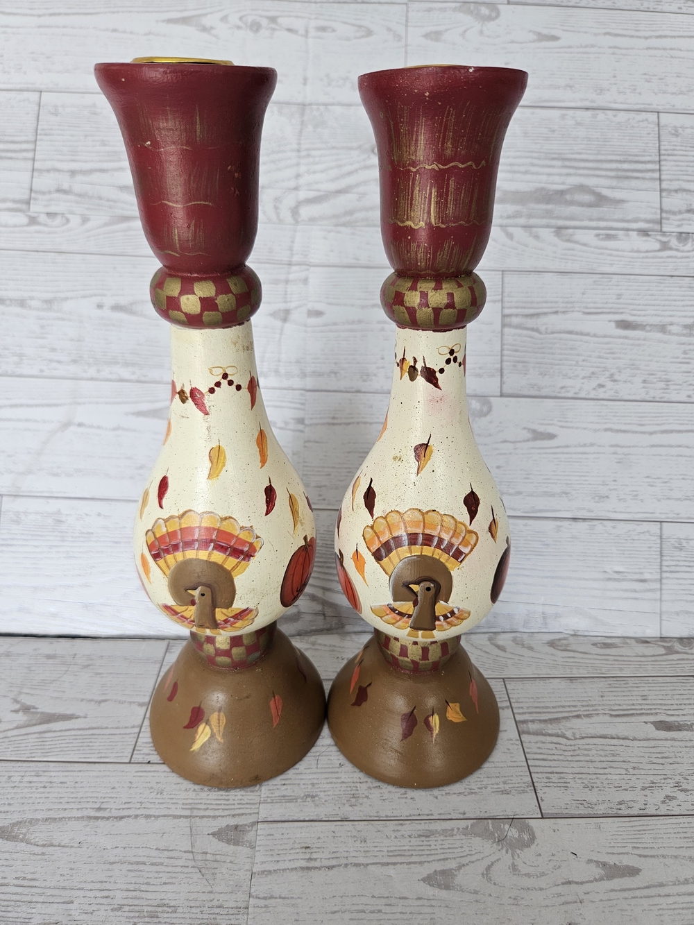 VTG Kathy Hatch NCE Thanksgiving Turkey Wooden Taper Candle Holders Pair (2)